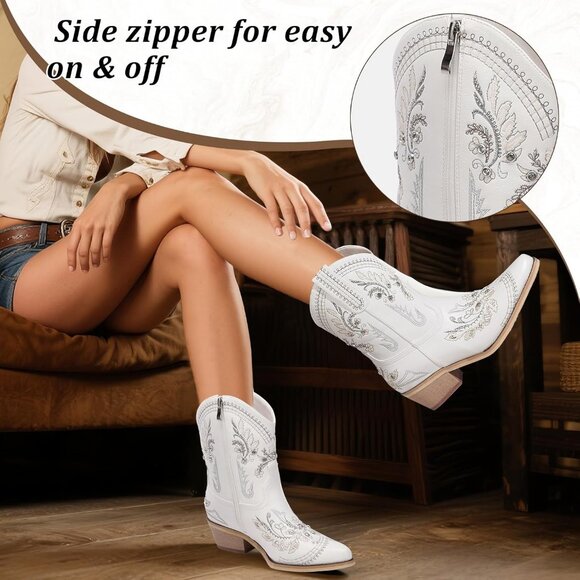 Women's White Embroidered Side Zipper Comfortable Chunky Heel Western Boot - Picture 5 of 6